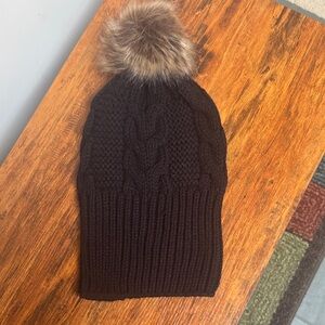 Black Knit Beanie with Faux Fur Pom